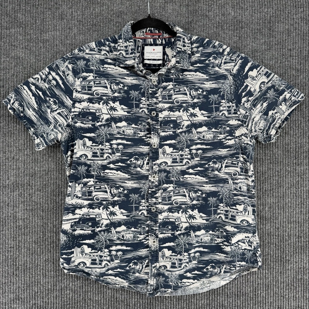 Denim & Flower Hawaiian beach surf camp shirt tropical button up men's Large